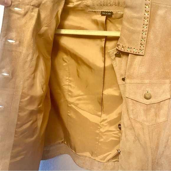 Tribal Suede Tan Leather Jacket With Gold Sequin & Beaded Trim, Womens size 10 - Picture 15 of 16